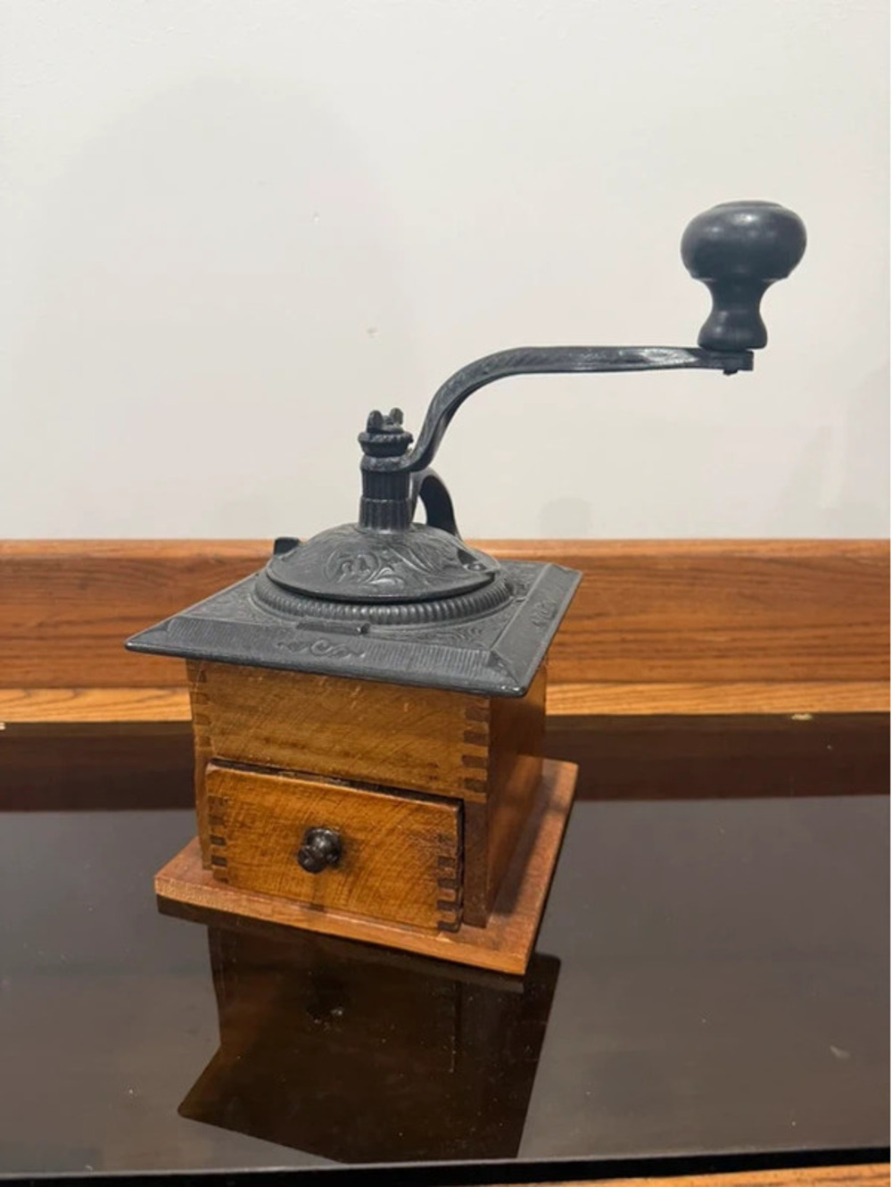 Vintage Cast Iron Hand Crank Coffee Grinder Wood Box with Drawer